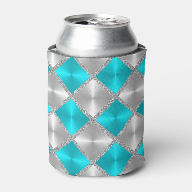 Turquoise and Gray with Silver Squares Can Cooler (Can Front)