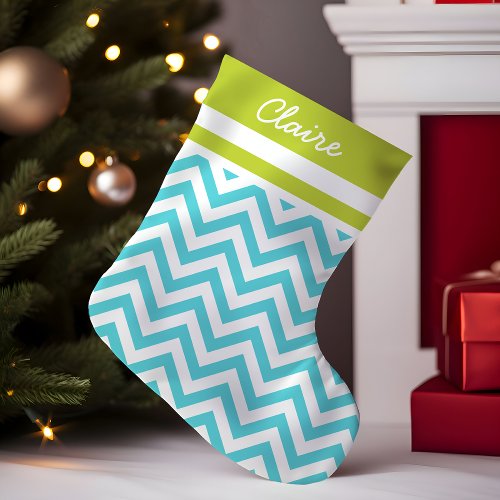 Turquoise and Green Chevron Monogram Small Christmas Stocking