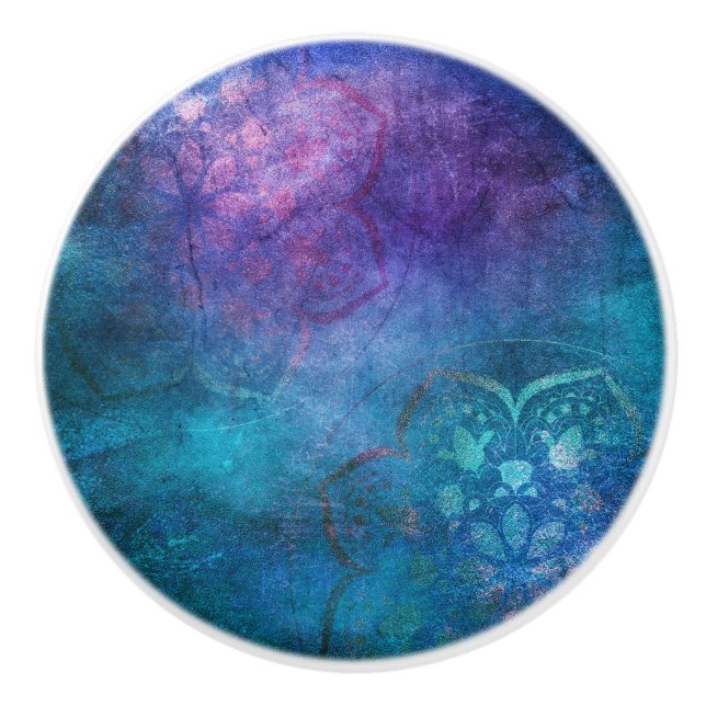 Turquoise and Green Elegant Lotus Flower Ceramic Knob (Front)