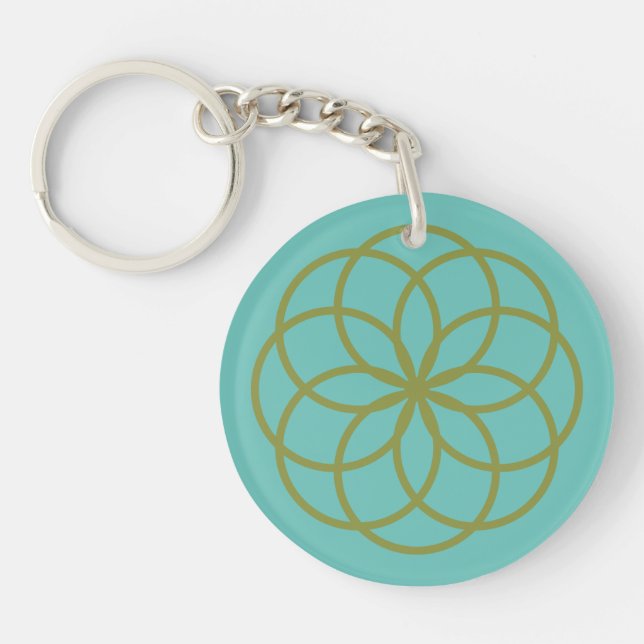 Turquoise and Green Flower Design Acrylic Keychain (Front)