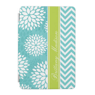 Turquoise and Green Monogram Chevron and Floral iPad Mini Cover