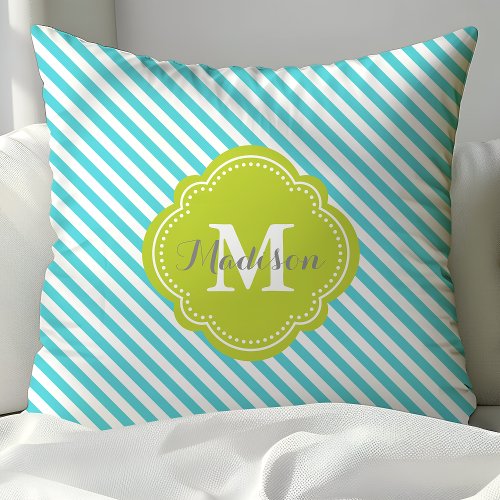 Turquoise and Green Striped Monogram Throw Pillow