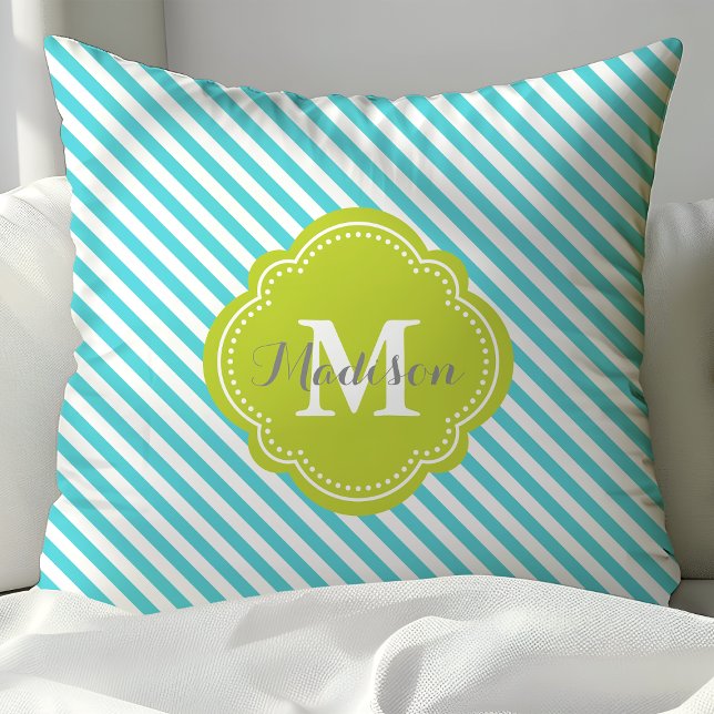 Turquoise and Green Striped Monogram Throw Pillow (Creator Uploaded)