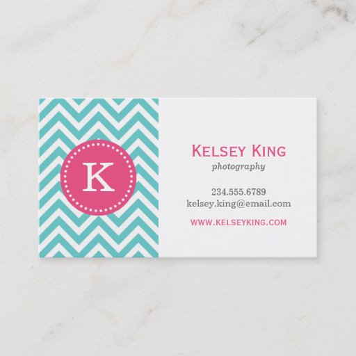 Customizable Turquoise and Hot Pink Chevron Custom Monogram Business Card Templates