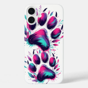TURQUOISE AND HOT PINK DOG PAW PRINTS iPhone 16 PLUS CASE