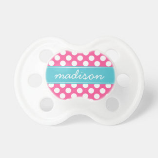 Turquoise and Hot Pink Polka Dots Custom Monogram Pacifier