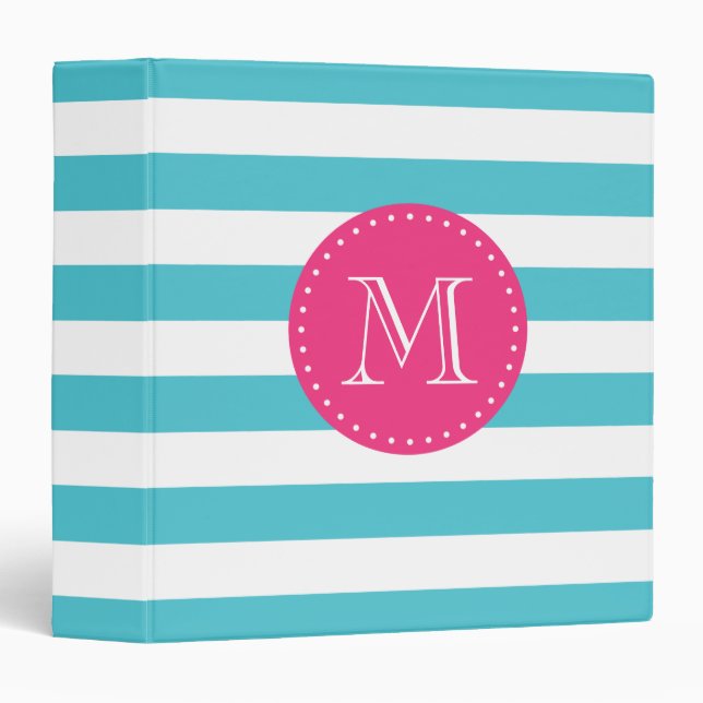 Turquoise and Hot Pink Stripes Custom Monogram 3 Ring Binder (Front/Spine)