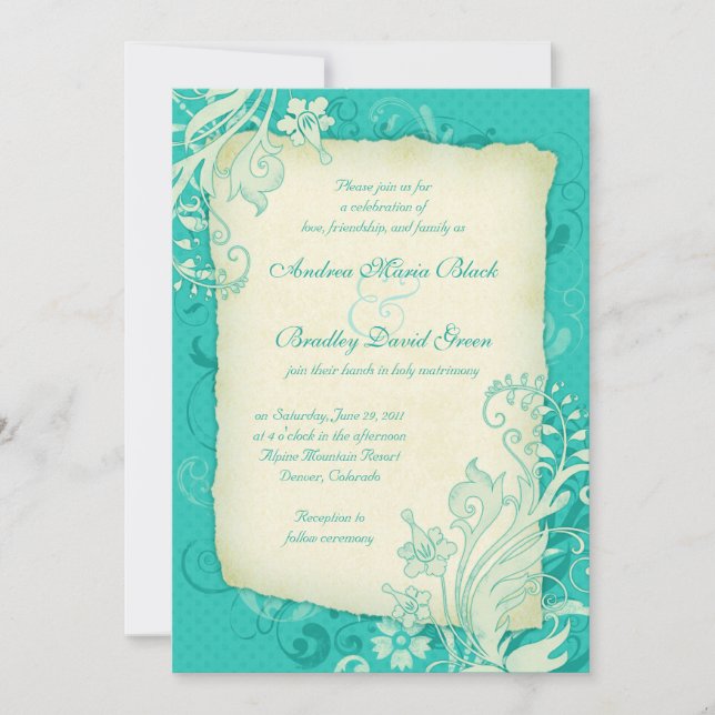 Turquoise and Ivory Floral Wedding Invitation (Front)