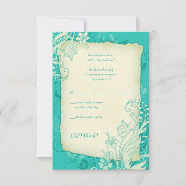 Turquoise and Ivory Floral Wedding Reply Card (Front)