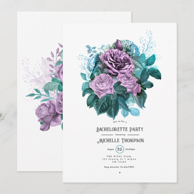 Turquoise and Lavender Floral Bachelorette Party Invitation (Front/Back)