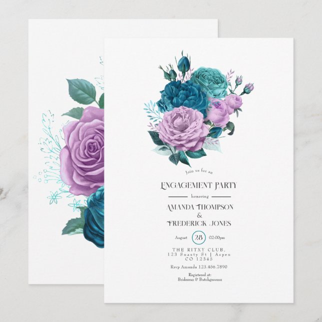 Turquoise and Lavender Floral Engagement Party Invitation (Front/Back)