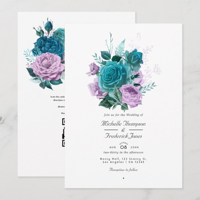 Turquoise and Lavender Floral QR Code Wedding Invitation (Front/Back)