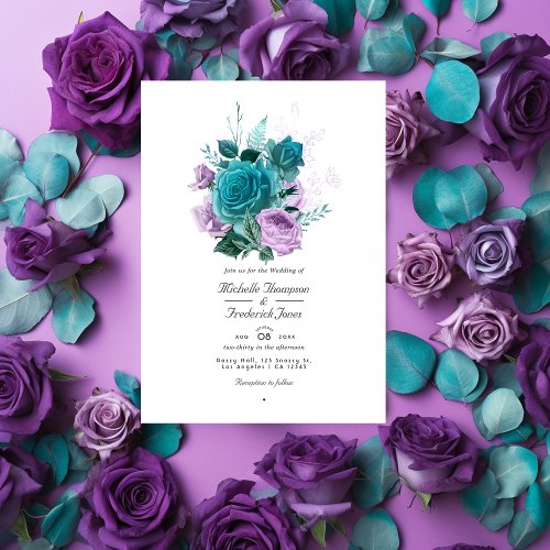 Turquoise and Lavender Floral QR Code Wedding Invitation