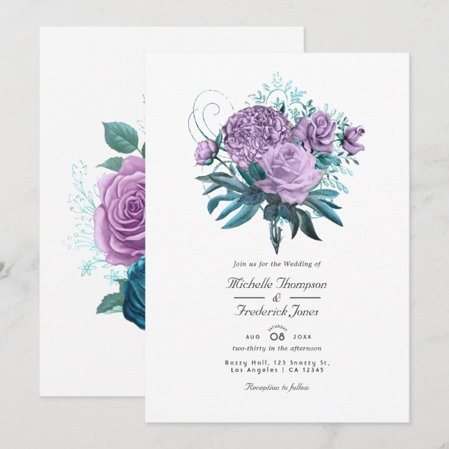 Turquoise and Lavender Floral Wedding Invitation (Front/Back)