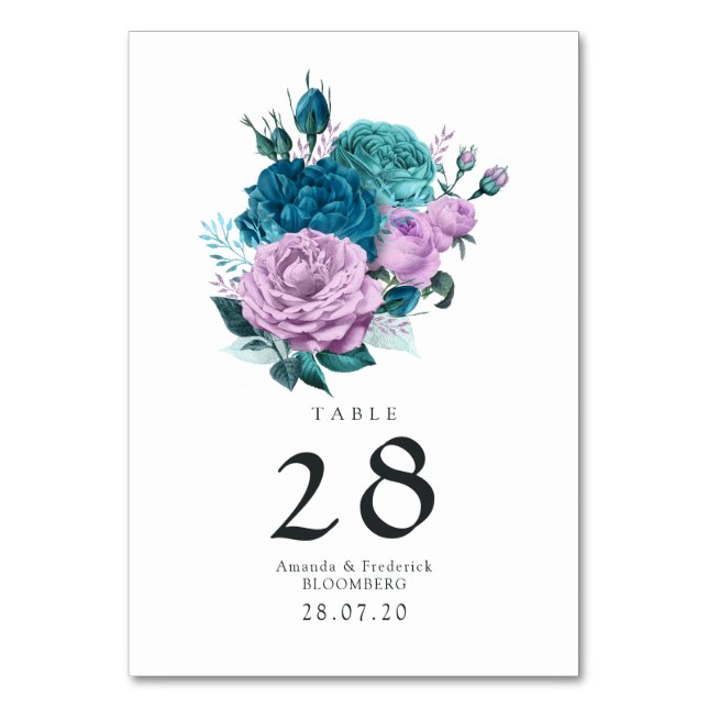 Turquoise and Lavender Floral Wedding Table Number (Front)