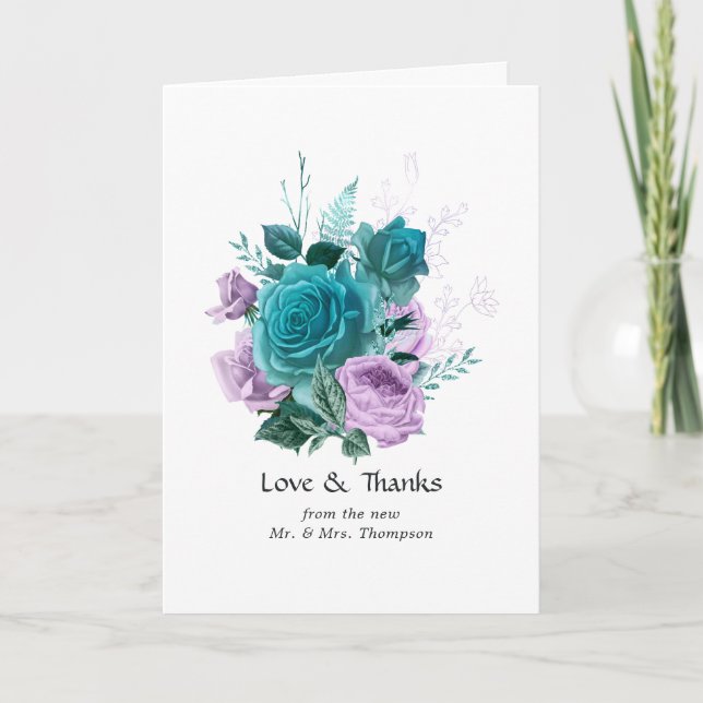 Turquoise and Lavender Floral Wedding Thank You Card (Front)