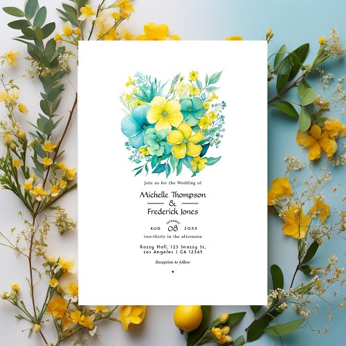 Turquoise and Lemon Floral Wedding Invitation