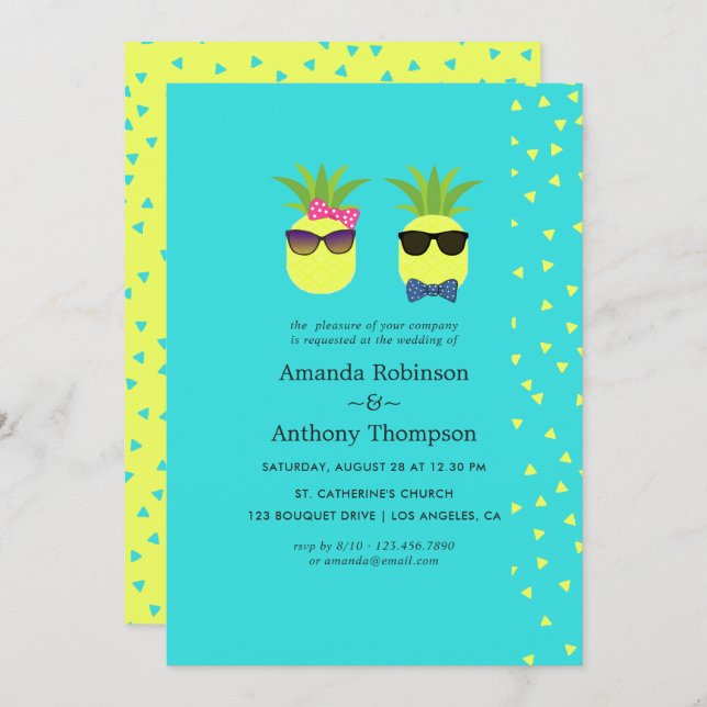 Turquoise and Lemon Tropical Summer Beach Wedding Invitation (Front/Back)