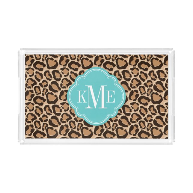 Turquoise and Leopard Print Custom Monogram Acrylic Tray (Front)