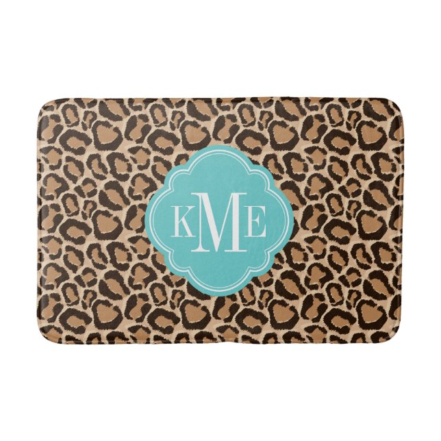 Turquoise and Leopard Print Custom Monogram Bathroom Mat (Front)