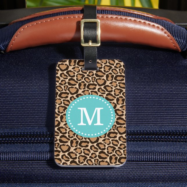 Turquoise and Leopard Print Custom Monogram Luggage Tag (Front Insitu 2)
