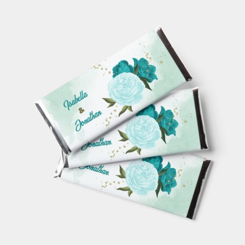 turquoise and light blue flowers greenery wedding hershey bar favors