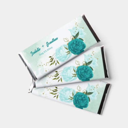 turquoise and light blue flowers greenery wedding hershey bar favors