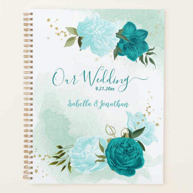 turquoise and light blue flowers greenery wedding planner (Front)