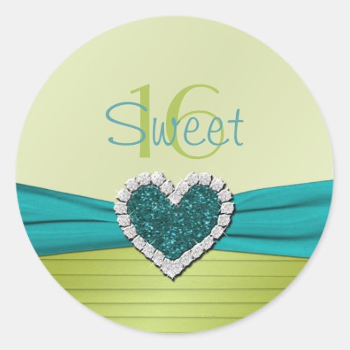 Turquoise and Lime Glitter Heart Sweet Sixteen Classic Round Sticker
