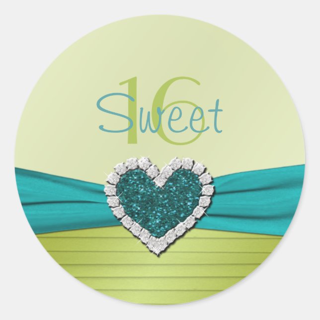Turquoise and Lime Glitter Heart Sweet Sixteen Classic Round Sticker (Front)