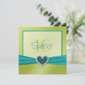 Turquoise and Lime Glitter Heart Sweet Sixteen Invitation (Standing Front)