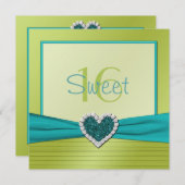 Turquoise and Lime Glitter Heart Sweet Sixteen Invitation (Front/Back)