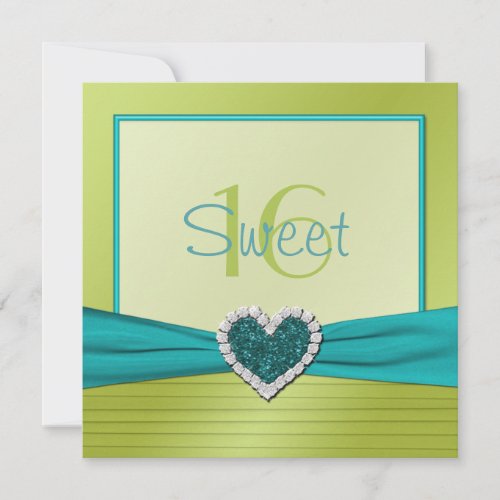 Turquoise and Lime Glitter Heart Sweet Sixteen Invites