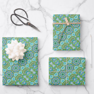 Turquoise and Lime Green Circle Mandala   Wrapping Paper Sheets