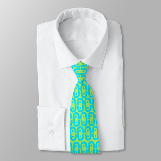 Turquoise and Lime Green Geometric Pattern Neck Tie (Tied)