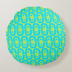 Turquoise and Lime Green Geometric Pattern Round Pillow