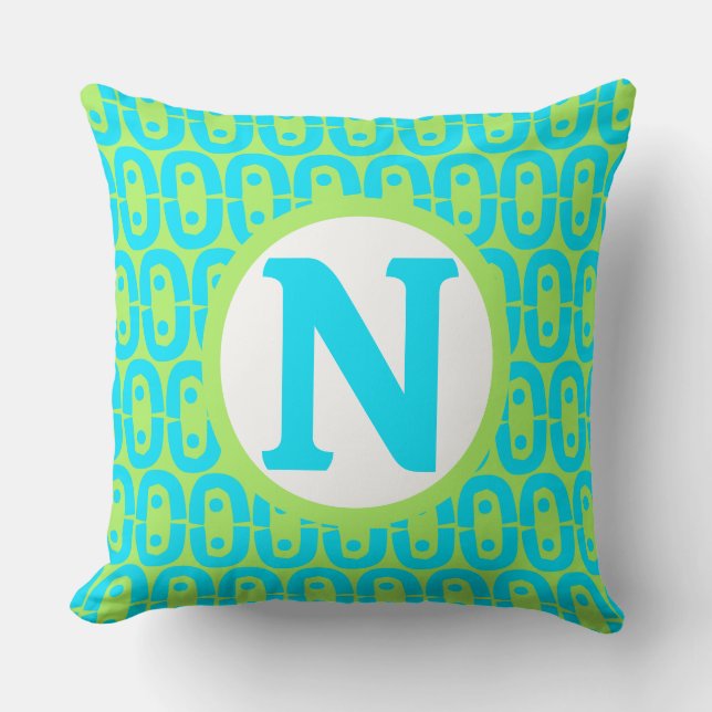 Turquoise and Lime Green Geometric Pattern Throw Pillow (Front)