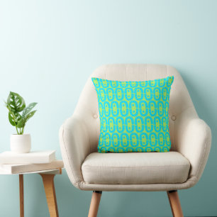 Turquoise and Lime Green Geometric Pattern Throw Pillow
