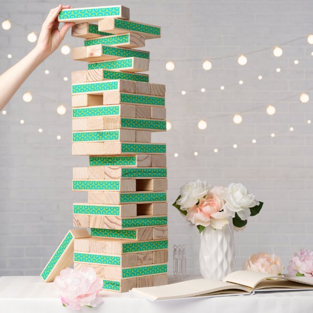 Turquoise and Lime Green Geometric Pattern Topple Tower (Wedding)