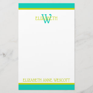 Turquoise and Lime Green Monogram Stationery
