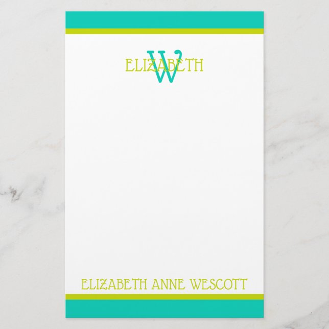 Turquoise and Lime Green Monogram Stationery (Front)
