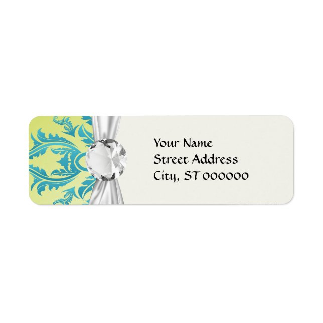 turquoise and lime green ornate damask label (Front)