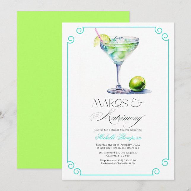 Turquoise and Lime Margs & Matrimony Bridal Shower Invitation (Front/Back)