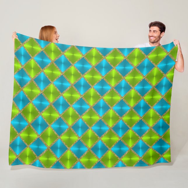 Turquoise and Lime with Gold Squares Fleece Blanket (In Situ)