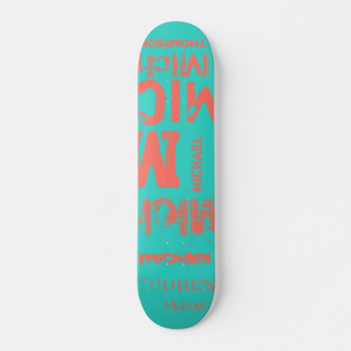 Turquoise and Living Coral Grunge Word Cloud Skateboard