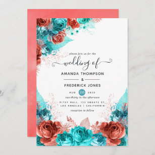 Turquoise and Living Coral Rustic Floral Wedding Invitation