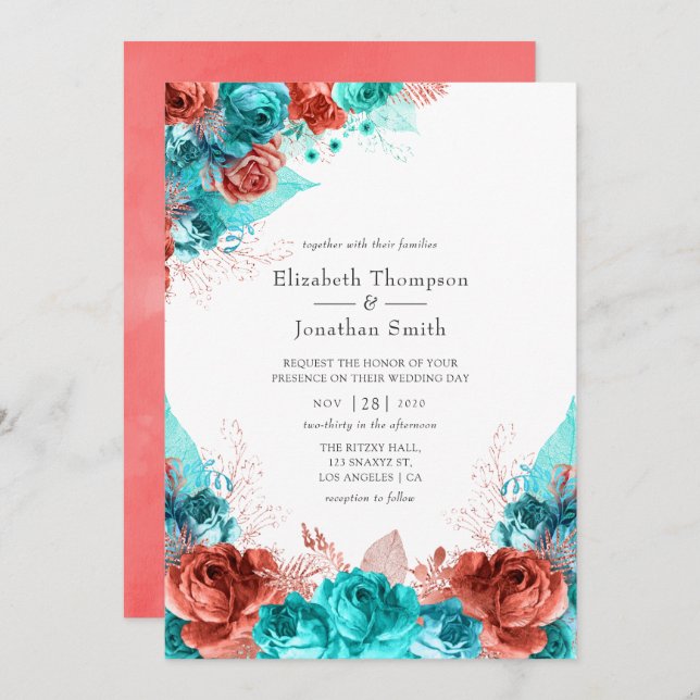 Turquoise and Living Coral Rustic Floral Wedding Invitation (Front/Back)