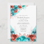 Turquoise and Living Coral Rustic Floral Wedding Invitation (Front)