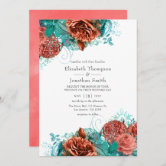 Coral, Turquoise, and Gold Floral Wedding Invitation