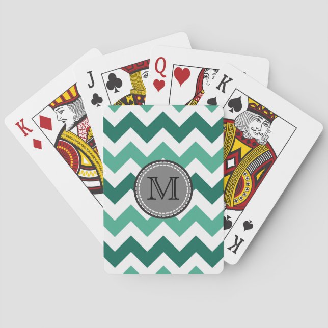 Turquoise and Mint Chevron Zigzag Monogram Poker Cards (Back)